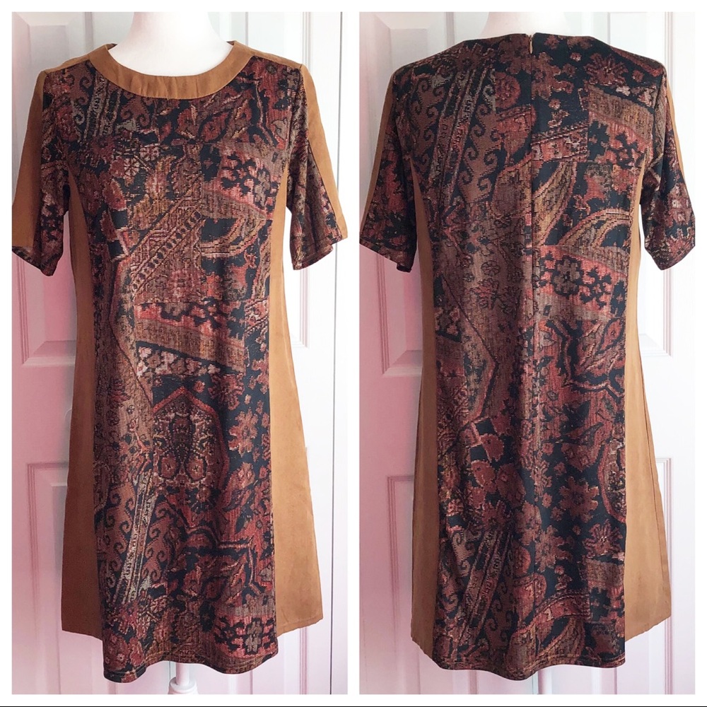 Karin Stevens Tan Brown Faux Suede Print A-Line Dress Size 10